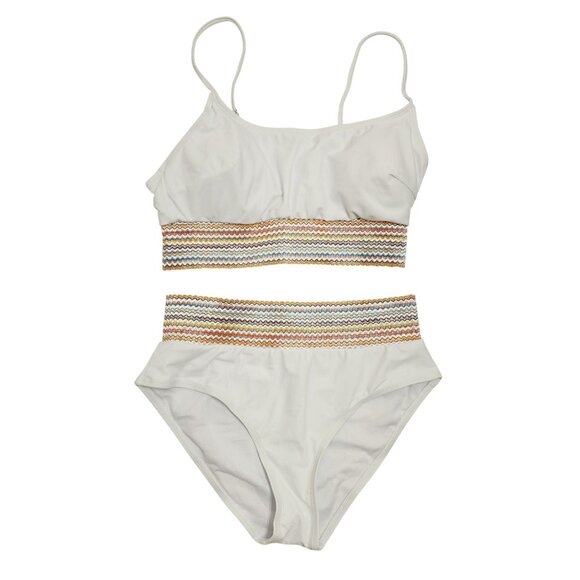 White Two-Piece Bikini Set Swimsuit  Multicolor Zigzag Waistband Size M Womens - Picture 1 of 5